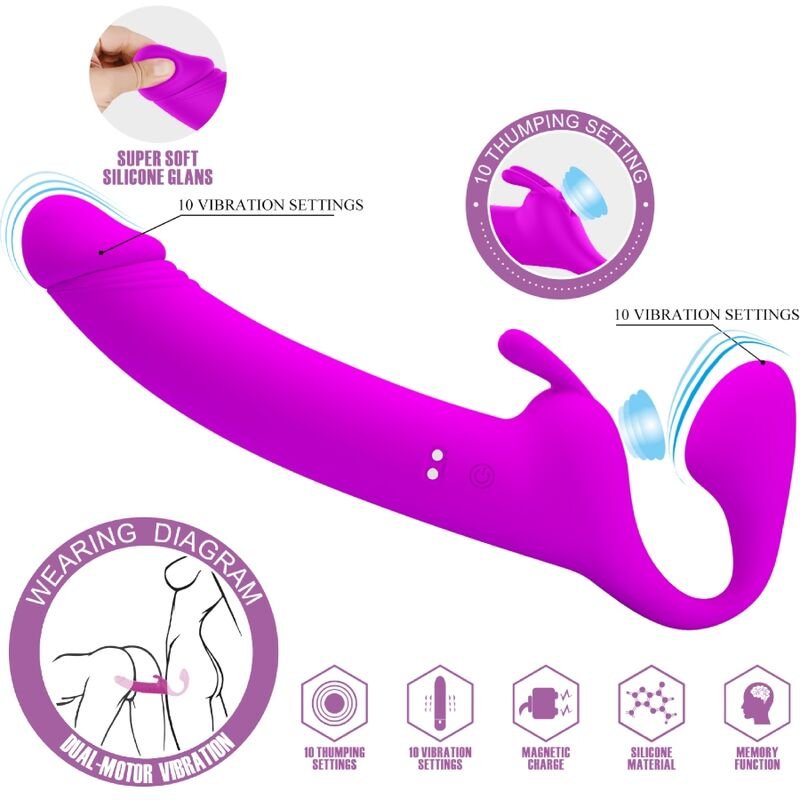 PRETTY LOVE - ZANINI DILDO STRAP-ON SIN ARNÉS 10 VIBRACIONES MORADO PRETTY LOVE