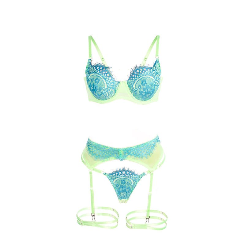 SUBBLIME - 955328 SET SUJETADOR CON ENCAJE Y LIGUEROS VERDE Y AZUL L/XL