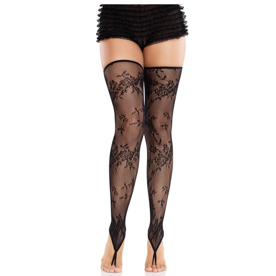 LEG AVENUE - MEDIAS SIN PIES DE ENCAJE FLORAL NEGRO LEG AVENUE HOSIERY