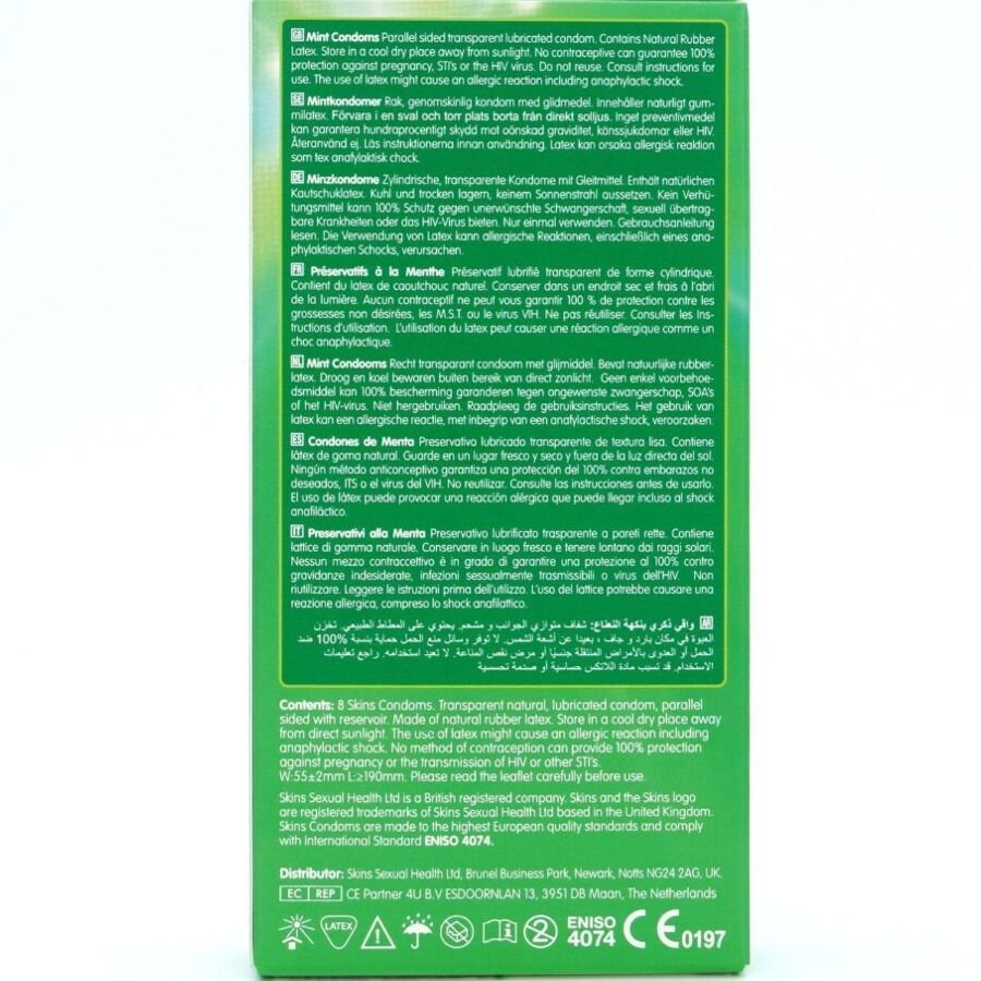 SKINS - PRESERVATIVOS PREMIUM SABOR MENTA PACK 8