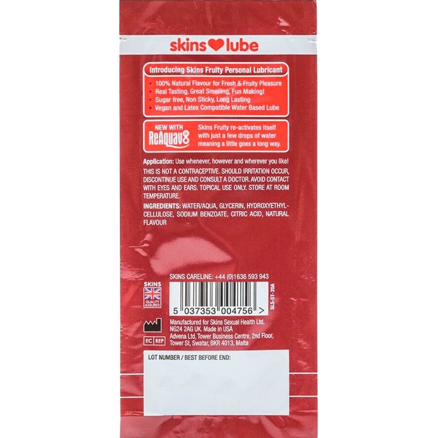 SKINS - FRUITY WATER-BASED LUBRICANT STRAWBERRY SINGLE-DOSE 5 ML
