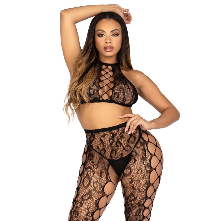 LEG AVENUE - 89372 CROP TOP & CROTCHLESS TIGHTS BLACK - ONE SIZE