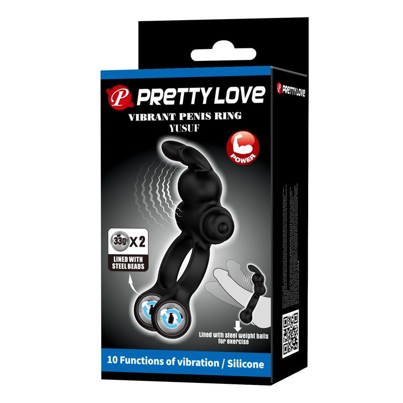 PRETTY LOVE - VIBRATING PENIS RING WITH BUNNY STIMULATOR 10 FUNCTIONS BLACK