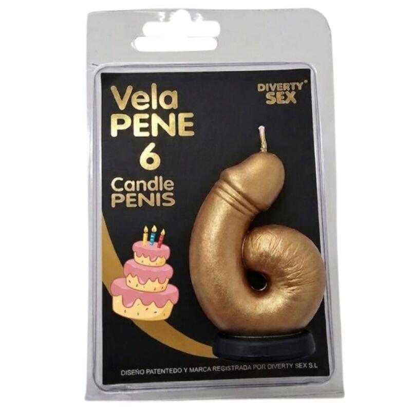 DIABLO PICANTE - PENIS CANDLE IN THE SHAPE OF THE NUMBER 6 GOLD COLOR DIABLO PICANTE