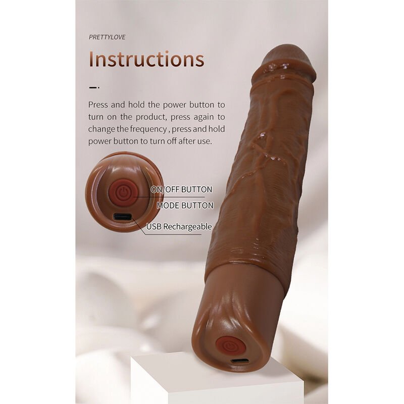 PRETTY LOVE - KESSLER REALISTIC VIBRATING DILDO WITH 10 VIBRATION MODES AND 10 THROWS, 22 CM, BROWN