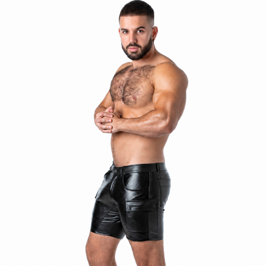 LOCKER GEAR - PUNCH HOLE LEATHERETTE CARGO SHORTS BLACK S