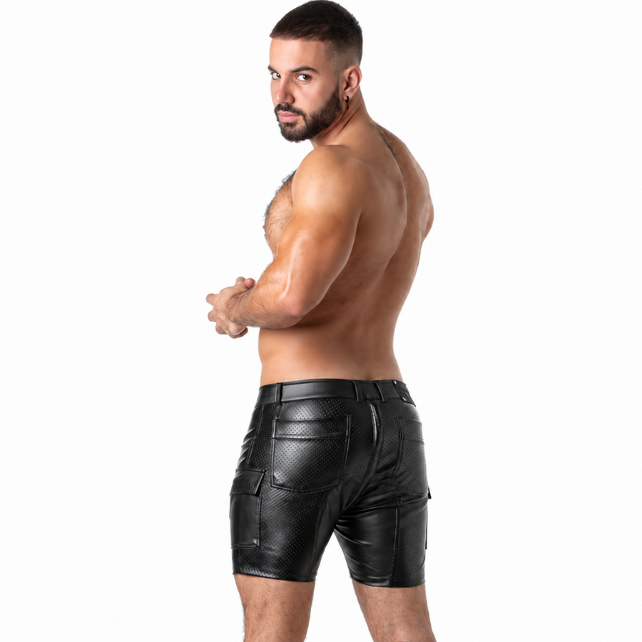 LOCKER GEAR - PUNCH HOLE LEATHERETTE CARGO SHORTS BLACK S