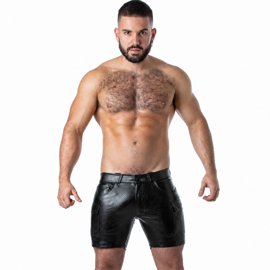 LOCKER GEAR - PUNCH HOLE LEATHERETTE CARGO SHORTS BLACK S LOCKER GEAR