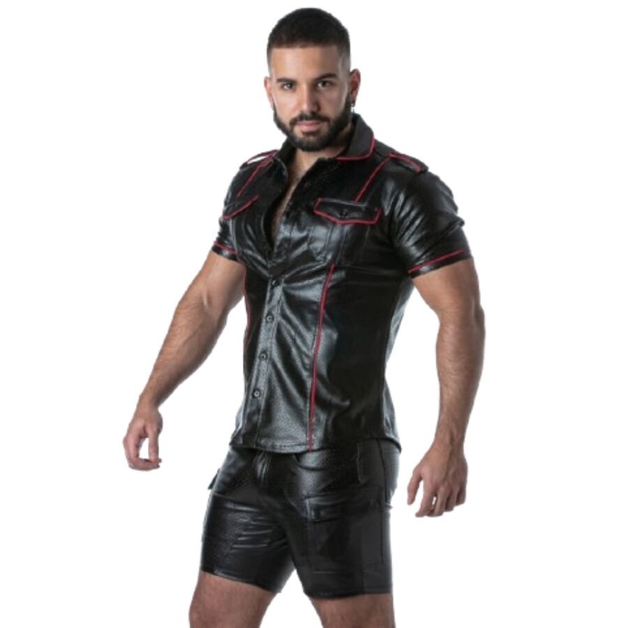 LOCKER GEAR - PUNCH HOLE LEATHERETTE SHIRT RED L