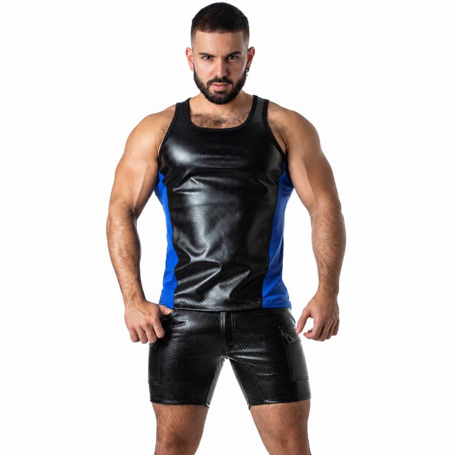 LOCKER GEAR - PUNCH HOLE LEATHERETTE TANK TOP BLUE L LOCKER GEAR